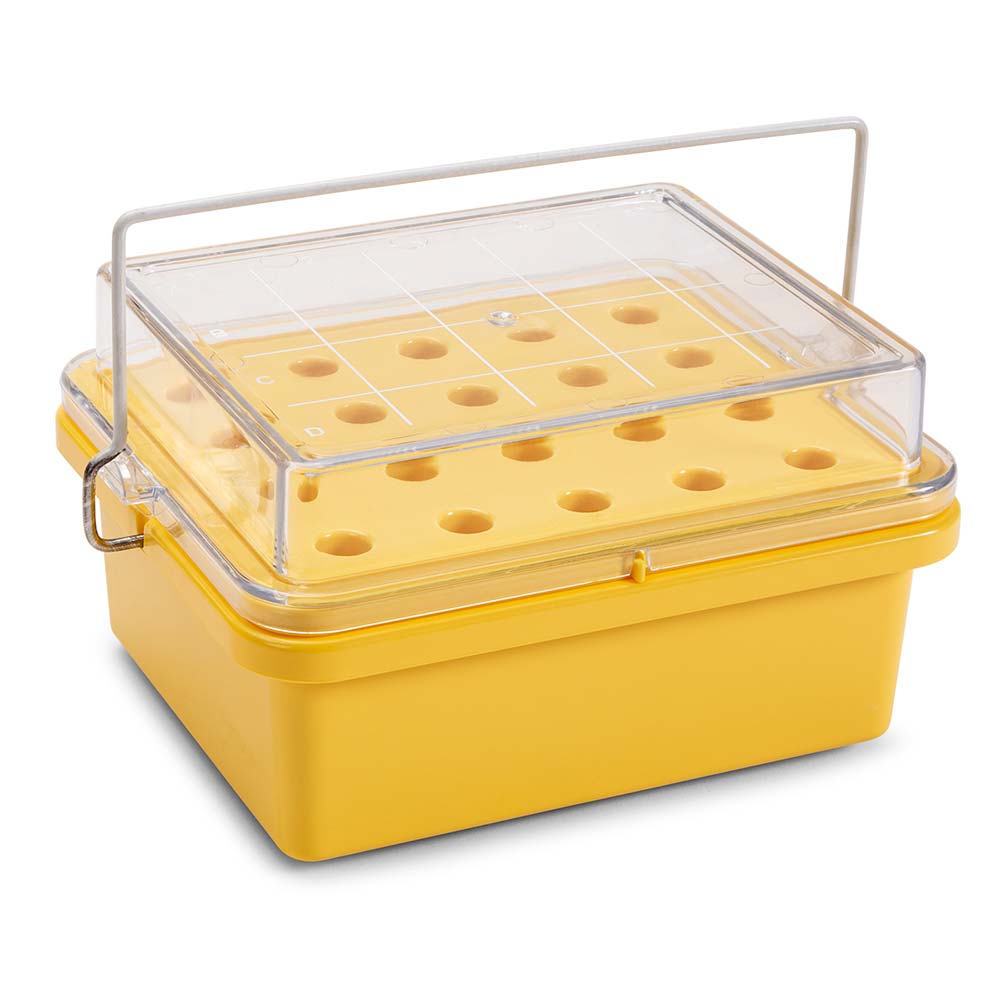 Globe Scientific CryoCool Mini Cooler, -20°C, 20-Place (4x5) for 1.5mL Tubes, Yellow Cooler; Chiller; polycarbonate cooler; cryogenic cooler; -20°C